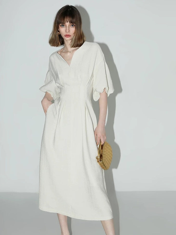 COCOBELLA Flattering Cinched Waist Pleated A Line V Neck Puff Sleeve Women Dresses