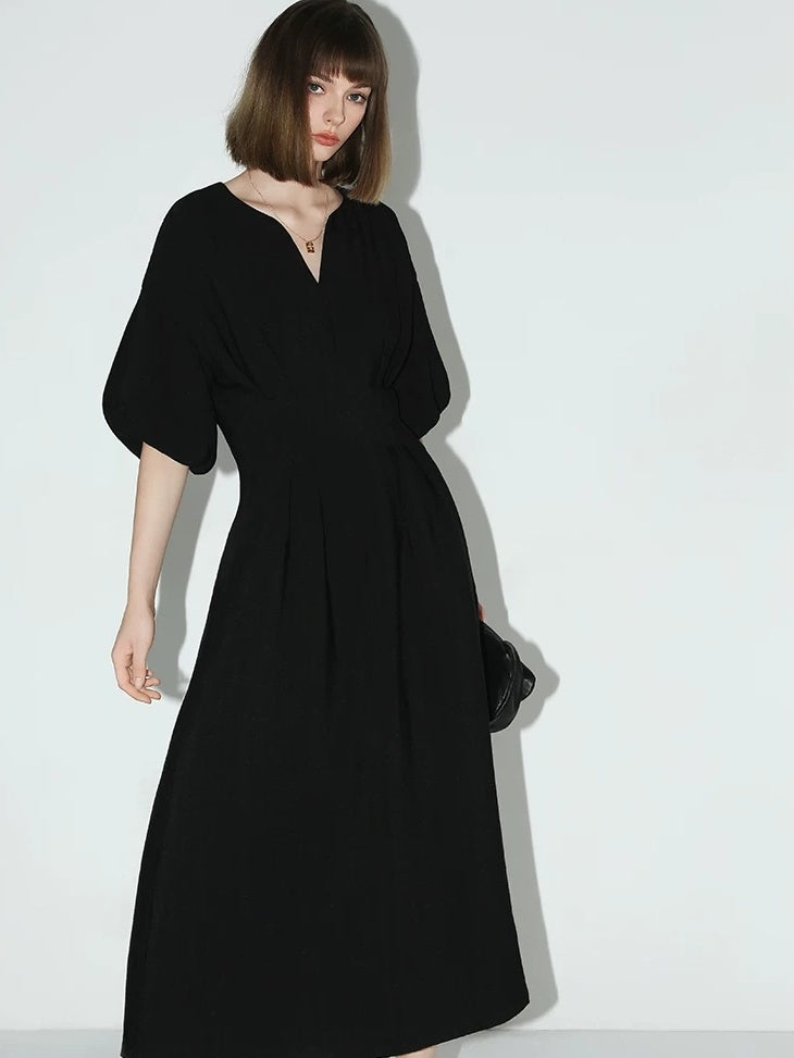 COCOBELLA Flattering Cinched Waist Pleated A Line V Neck Puff Sleeve Women Dresses