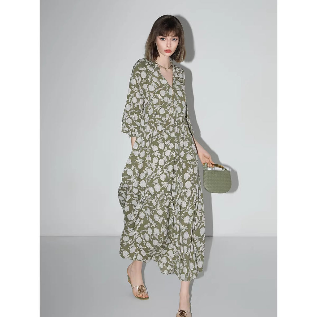 COCOBELLA_Flattering_High_Waist_A_Line_V_Neck_Floral_Tea_Dress_For_Office_Matcha_Dresses_MISSTT