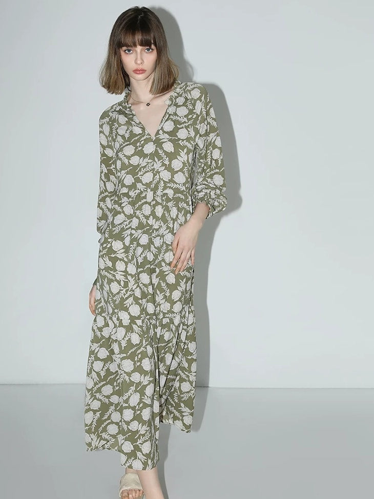 COCOBELLA Flattering High Waist A Line V Neck Floral Tea Dress For Office Matcha Dresses