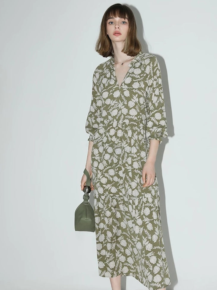 COCOBELLA Flattering High Waist A Line V Neck Floral Tea Dress For Office Matcha Dresses