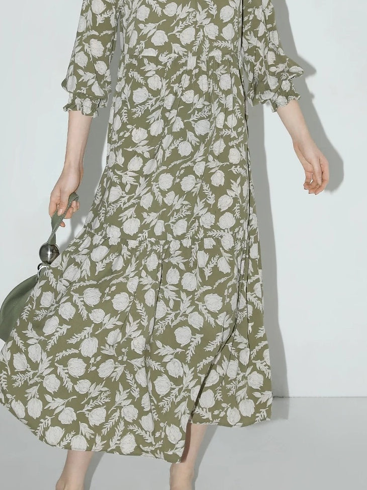 COCOBELLA Flattering High Waist A Line V Neck Floral Tea Dress For Office Matcha Dresses