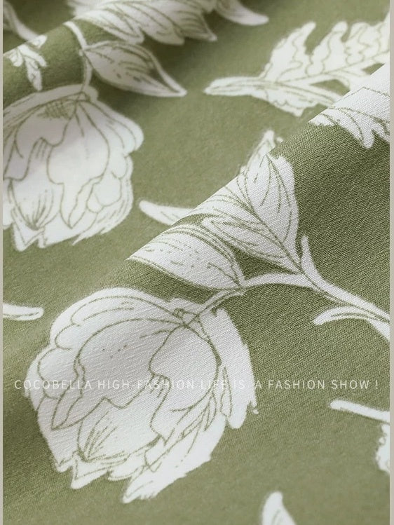 COCOBELLA Flattering High Waist A Line V Neck Floral Tea Dress For Office Matcha Dresses