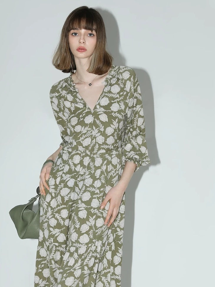 COCOBELLA Flattering High Waist A Line V Neck Floral Tea Dress For Office Matcha Dresses