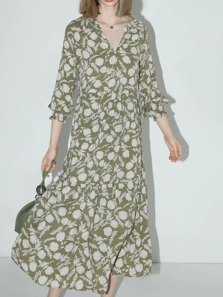 COCOBELLA Flattering High Waist A Line V Neck Floral Tea Dress For Office Matcha Dresses