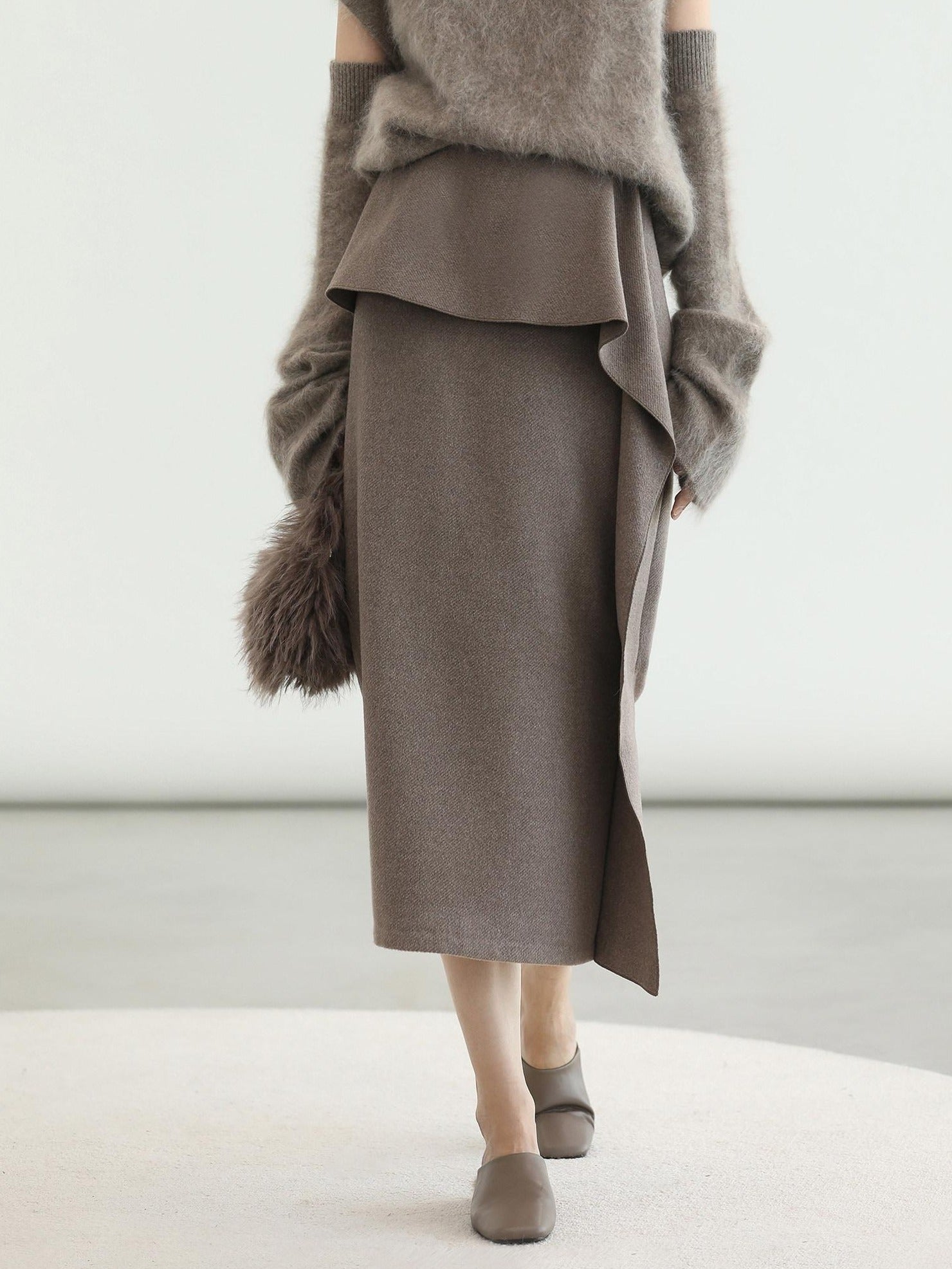 COCOBELLA Flattering High Waist Asymmetric Ruffle Straight Office Maxi Tobacco Skirts