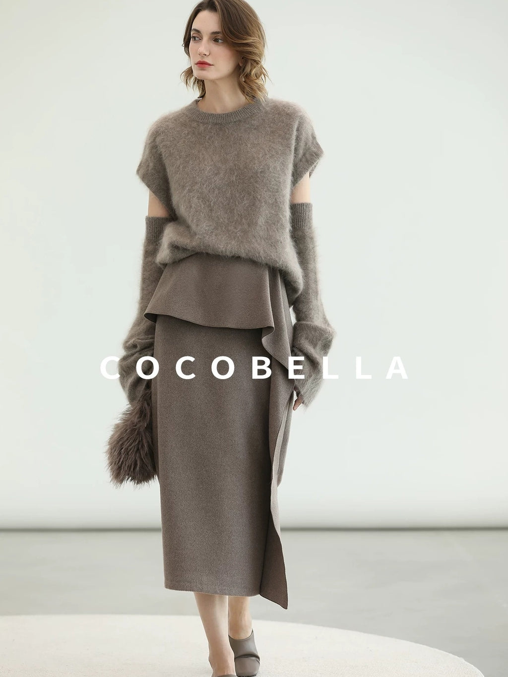 COCOBELLA Flattering High Waist Asymmetric Ruffle Straight Office Maxi Tobacco Skirts