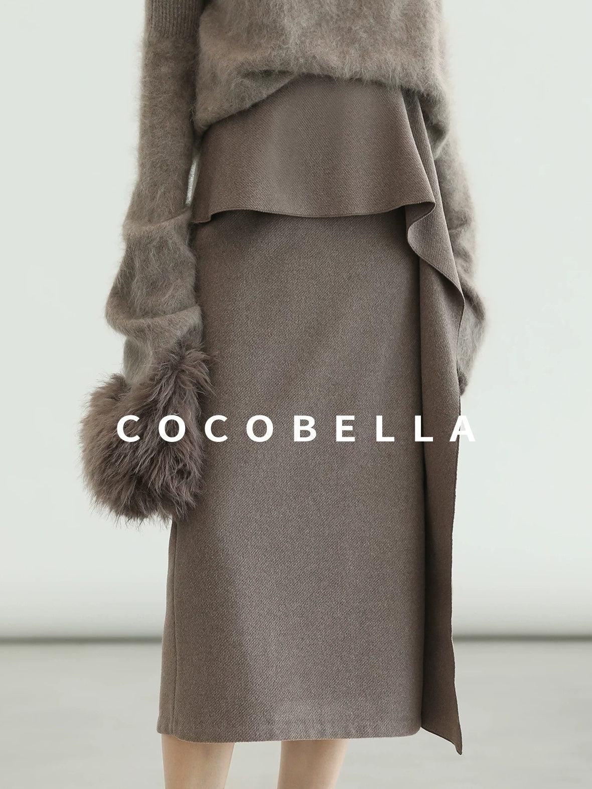 COCOBELLA Flattering High Waist Asymmetric Ruffle Straight Office Maxi Tobacco Skirts