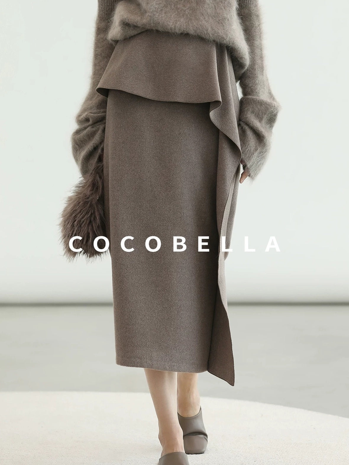 COCOBELLA Flattering High Waist Asymmetric Ruffle Straight Office Maxi Tobacco Skirts