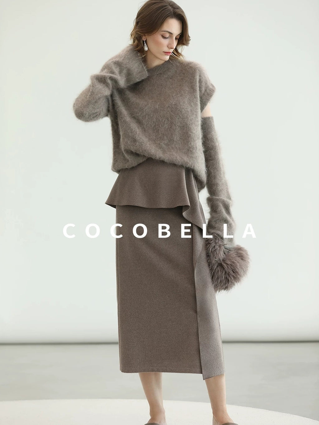 COCOBELLA Flattering High Waist Asymmetric Ruffle Straight Office Maxi Tobacco Skirts