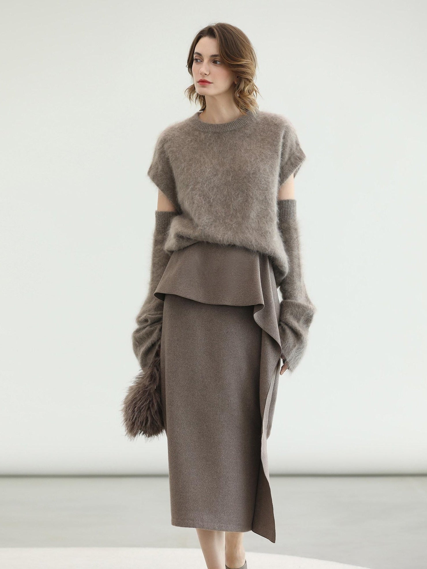 COCOBELLA Flattering High Waist Asymmetric Ruffle Straight Office Maxi Tobacco Skirts