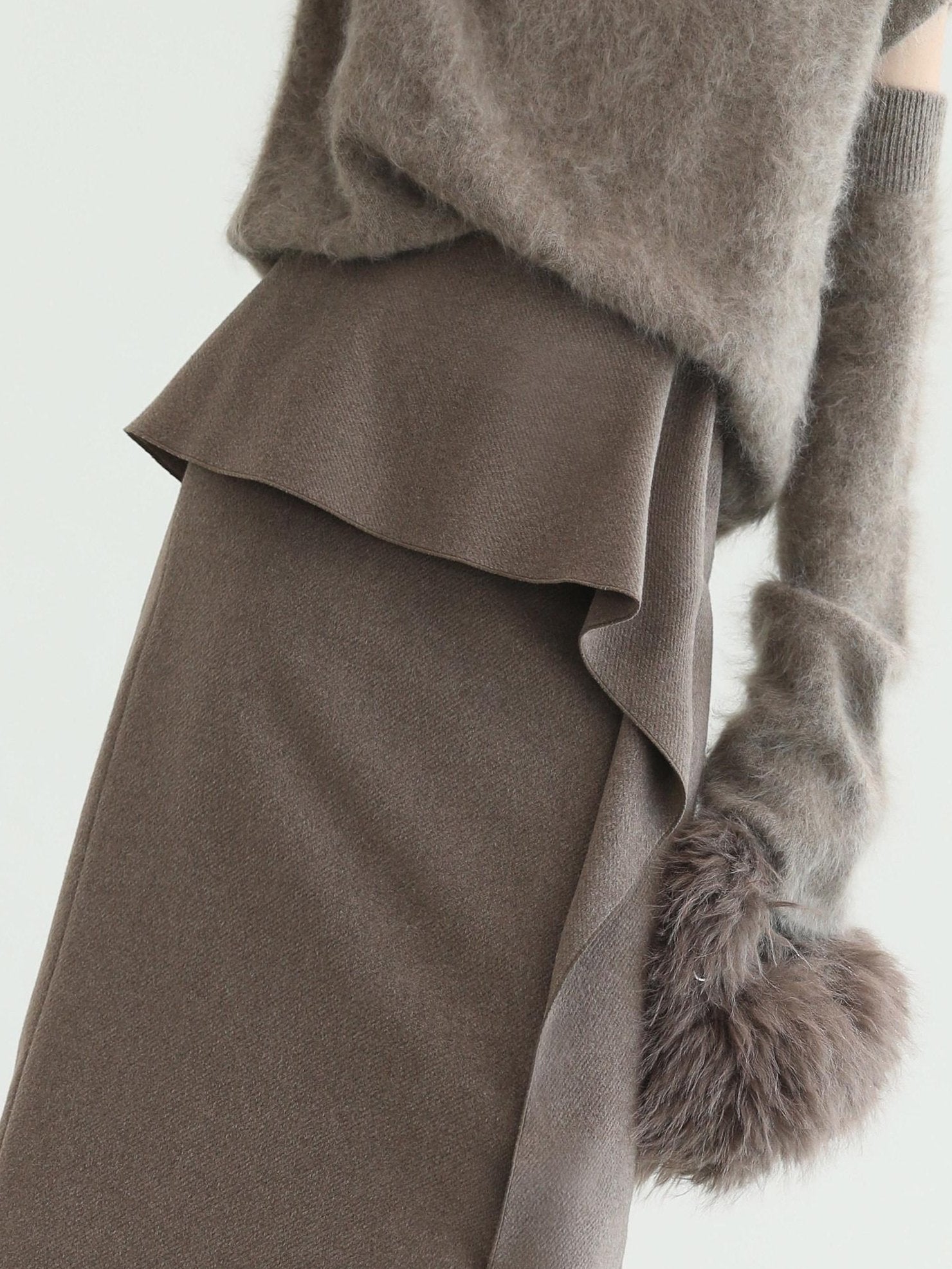 COCOBELLA Flattering High Waist Asymmetric Ruffle Straight Office Maxi Tobacco Skirts