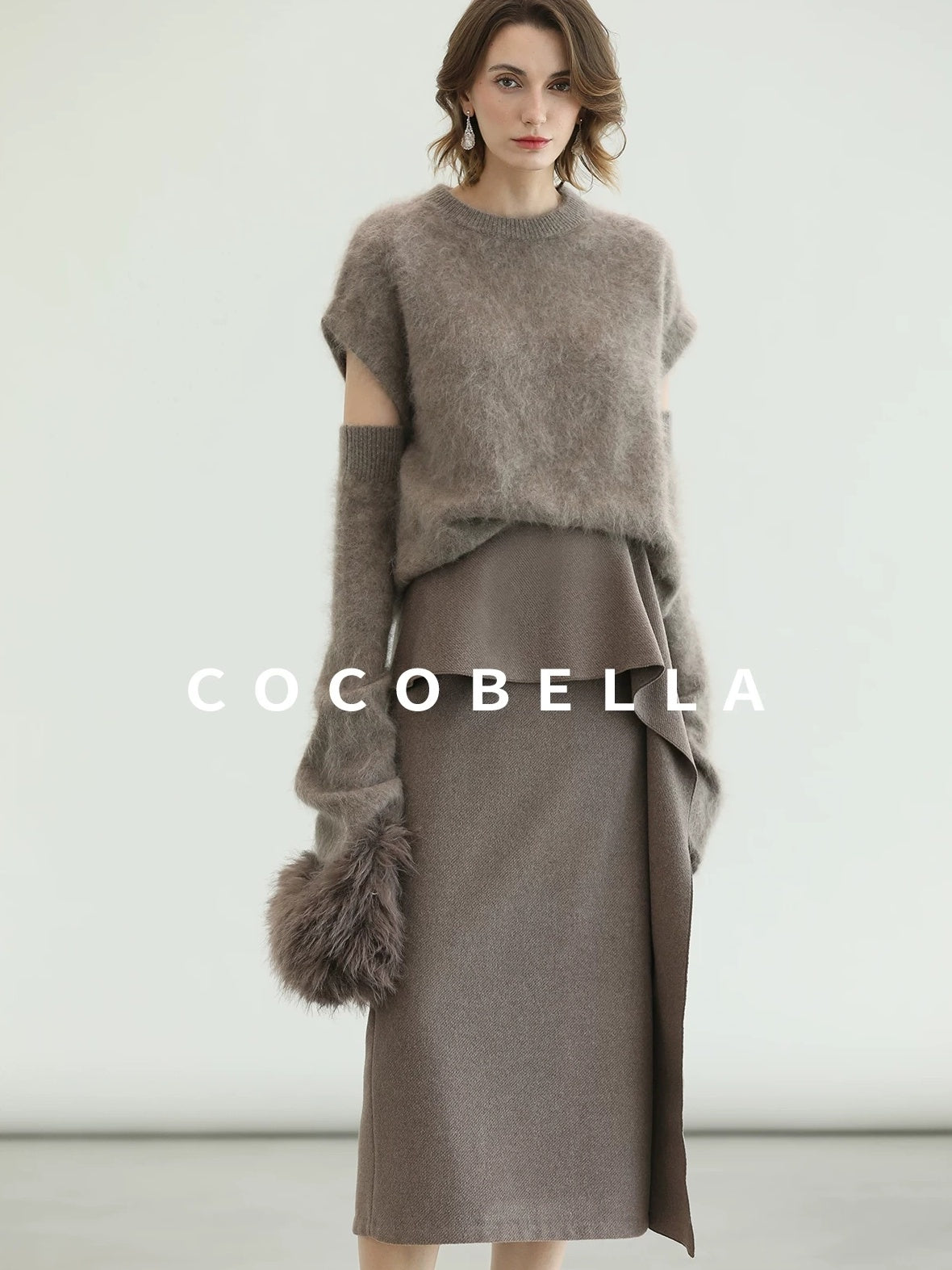 COCOBELLA Flattering High Waist Asymmetric Ruffle Straight Office Maxi Tobacco Skirts