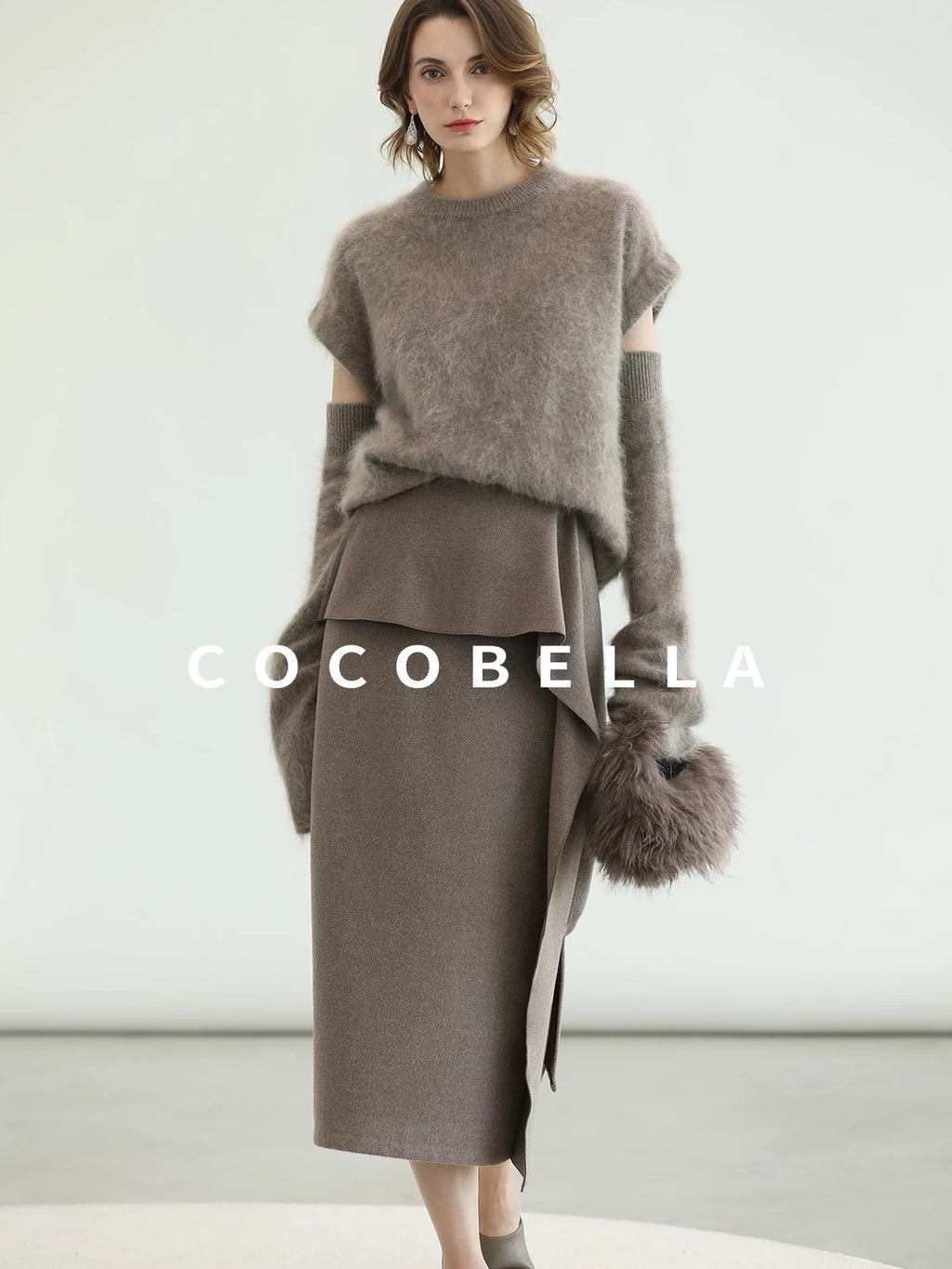 COCOBELLA Flattering High Waist Asymmetric Ruffle Straight Office Maxi Tobacco Skirts