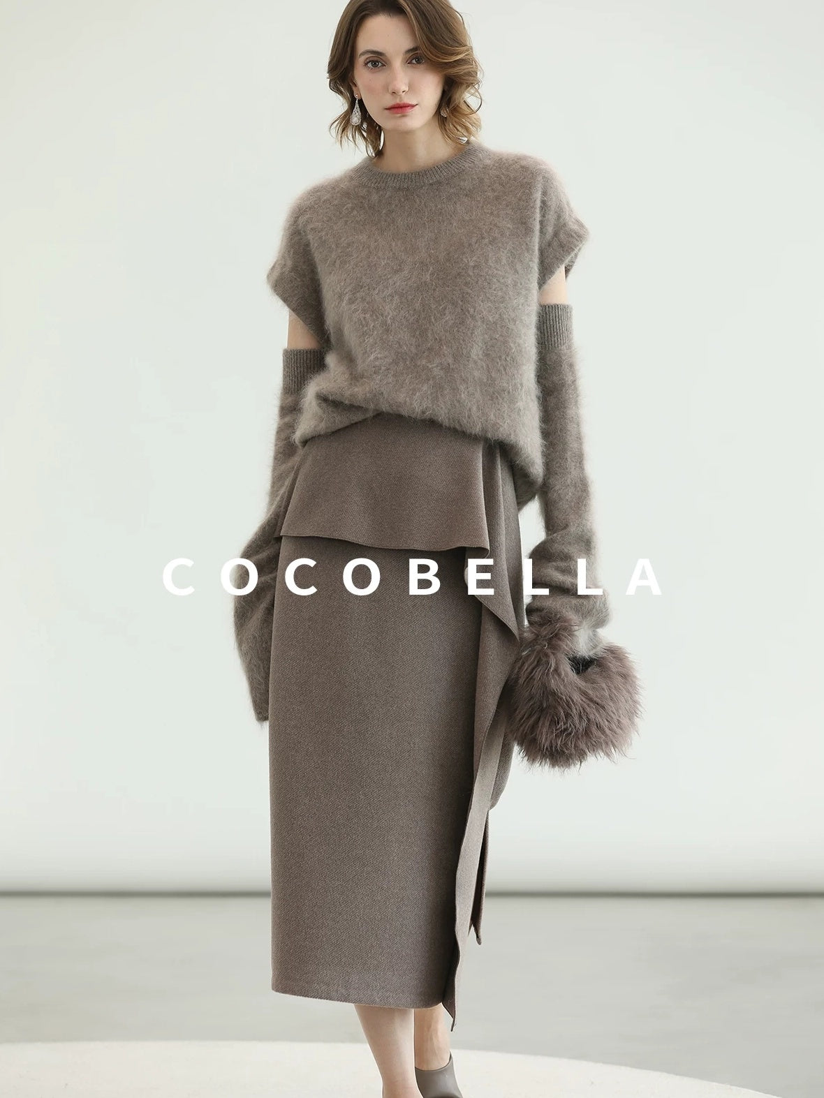 COCOBELLA Flattering High Waist Asymmetric Ruffle Straight Office Maxi Tobacco Skirts