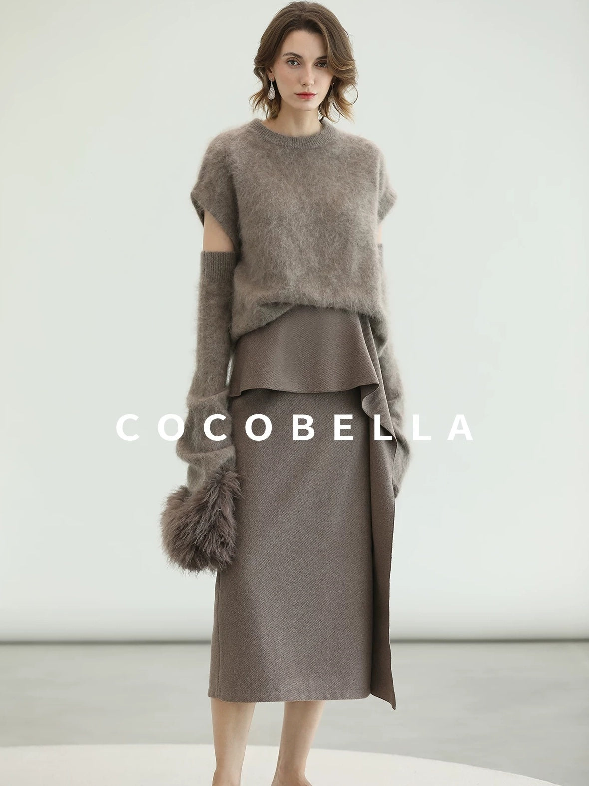 COCOBELLA Flattering High Waist Asymmetric Ruffle Straight Office Maxi Tobacco Skirts