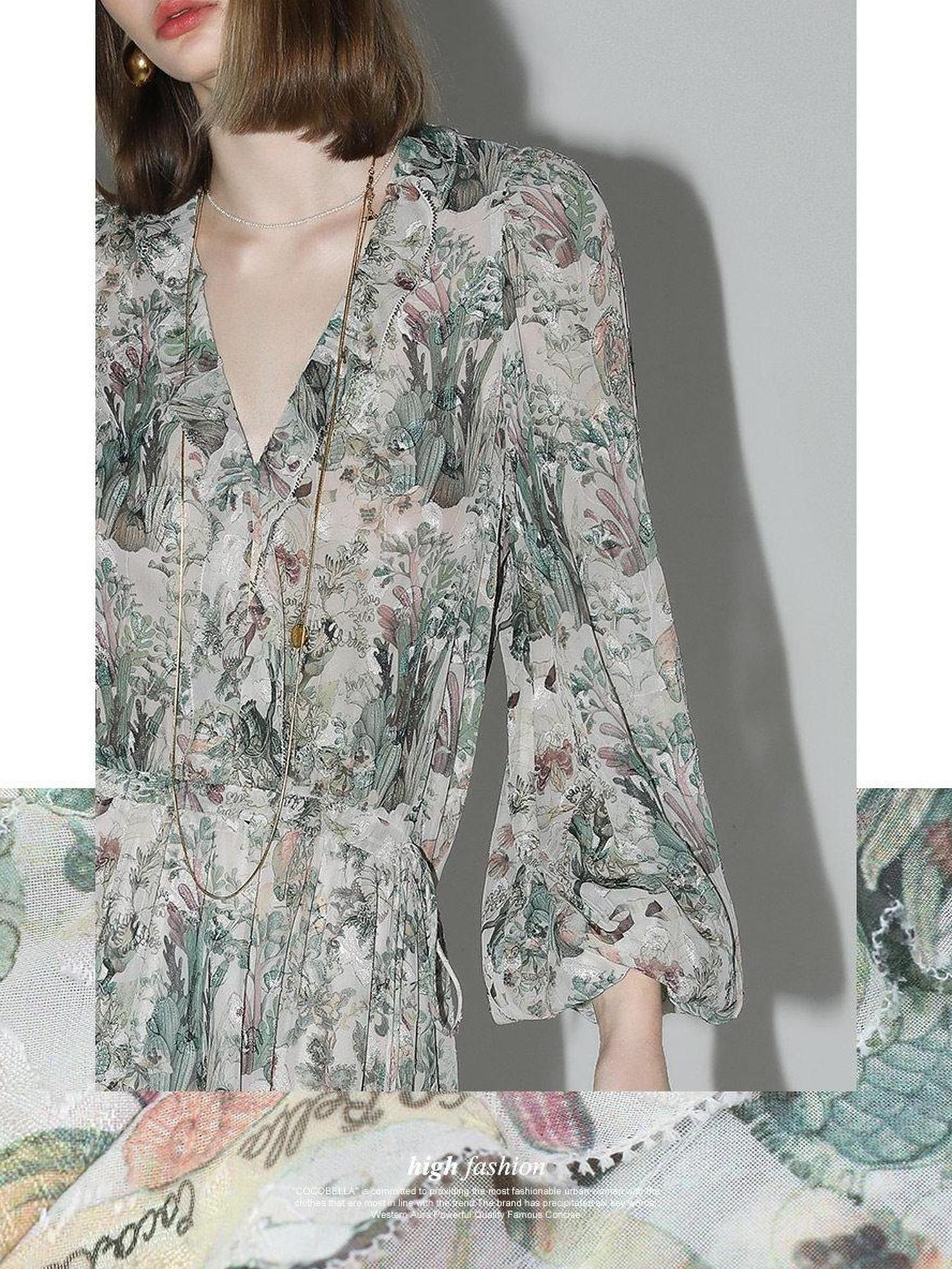 COCOBELLA Floral High Waist Sweet Boho V Neck Lantern Sleeve A Line Tea Style Dresses