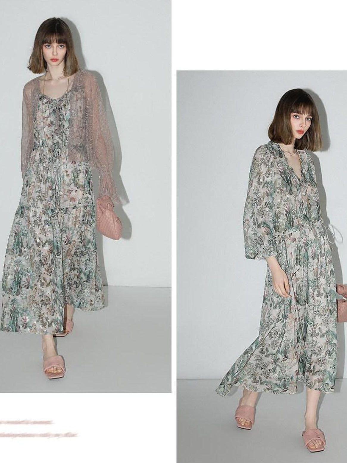 COCOBELLA Floral High Waist Sweet Boho V Neck Lantern Sleeve A Line Tea Style Dresses