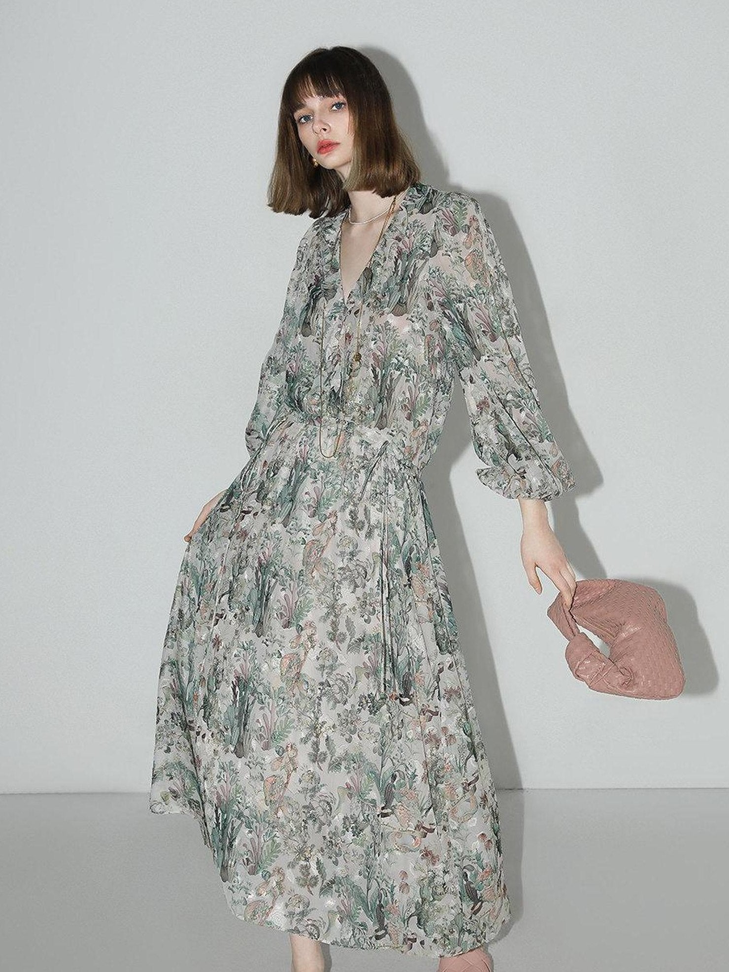 COCOBELLA Floral High Waist Sweet Boho V Neck Lantern Sleeve A Line Tea Style Dresses