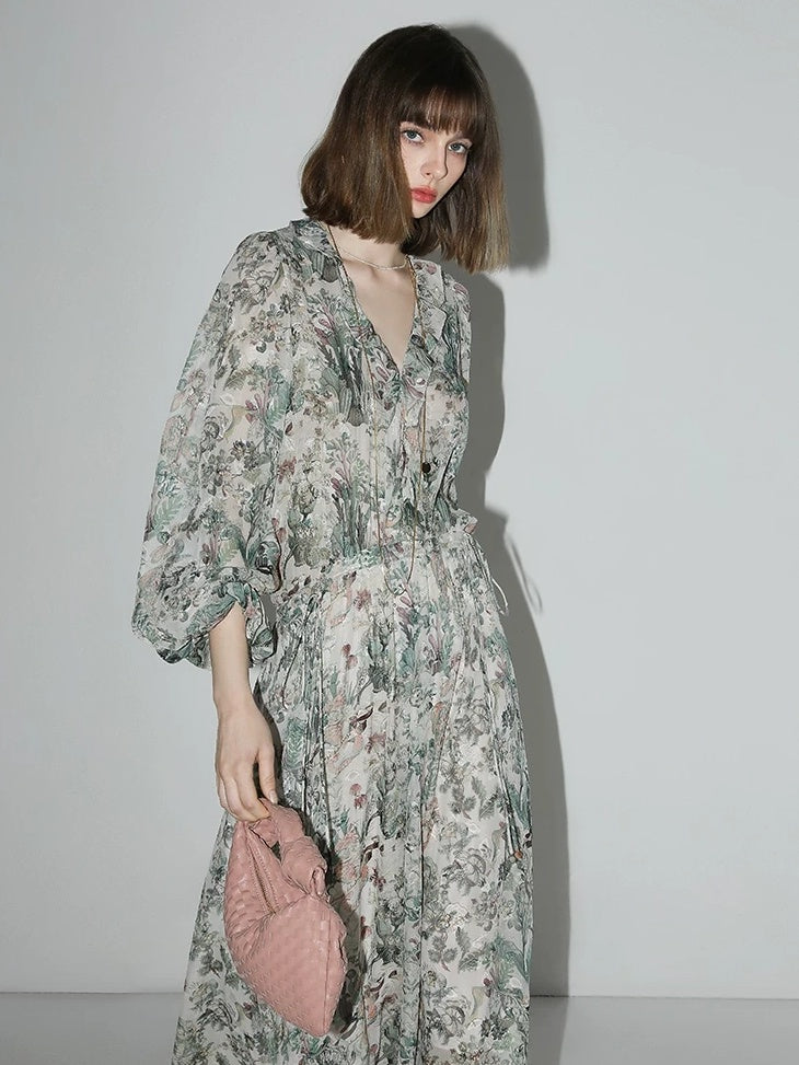 COCOBELLA Floral High Waist Sweet Boho V Neck Lantern Sleeve A Line Tea Style Dresses