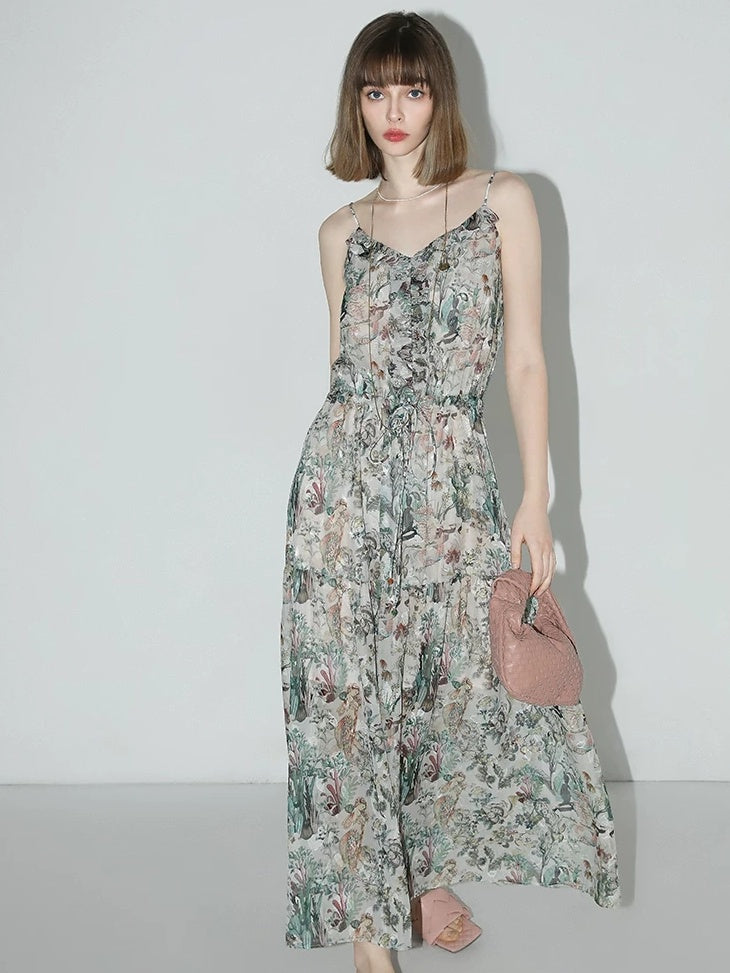 COCOBELLA Floral High Waist Sweet Boho V Neck Lantern Sleeve A Line Tea Style Dresses