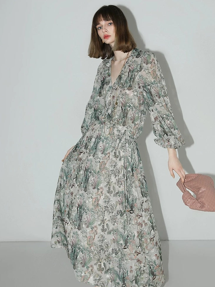 COCOBELLA Floral High Waist Sweet Boho V Neck Lantern Sleeve A Line Tea Style Dresses