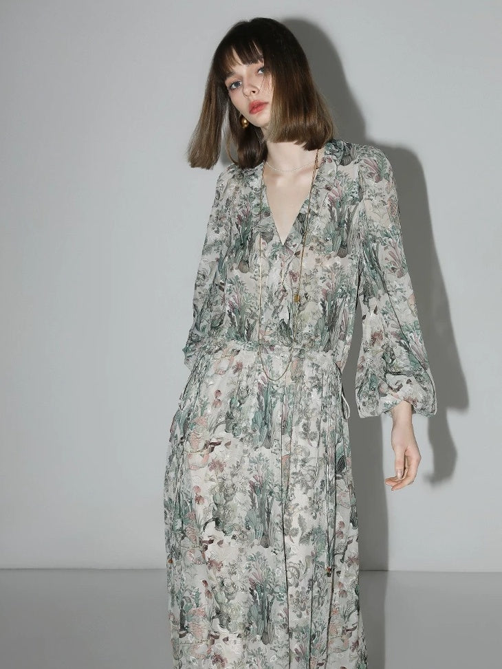 COCOBELLA Floral High Waist Sweet Boho V Neck Lantern Sleeve A Line Tea Style Dresses