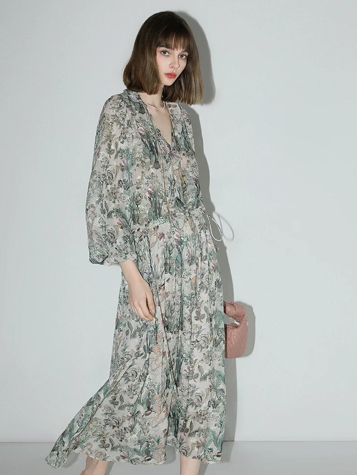 COCOBELLA Floral High Waist Sweet Boho V Neck Lantern Sleeve A Line Tea Style Dresses