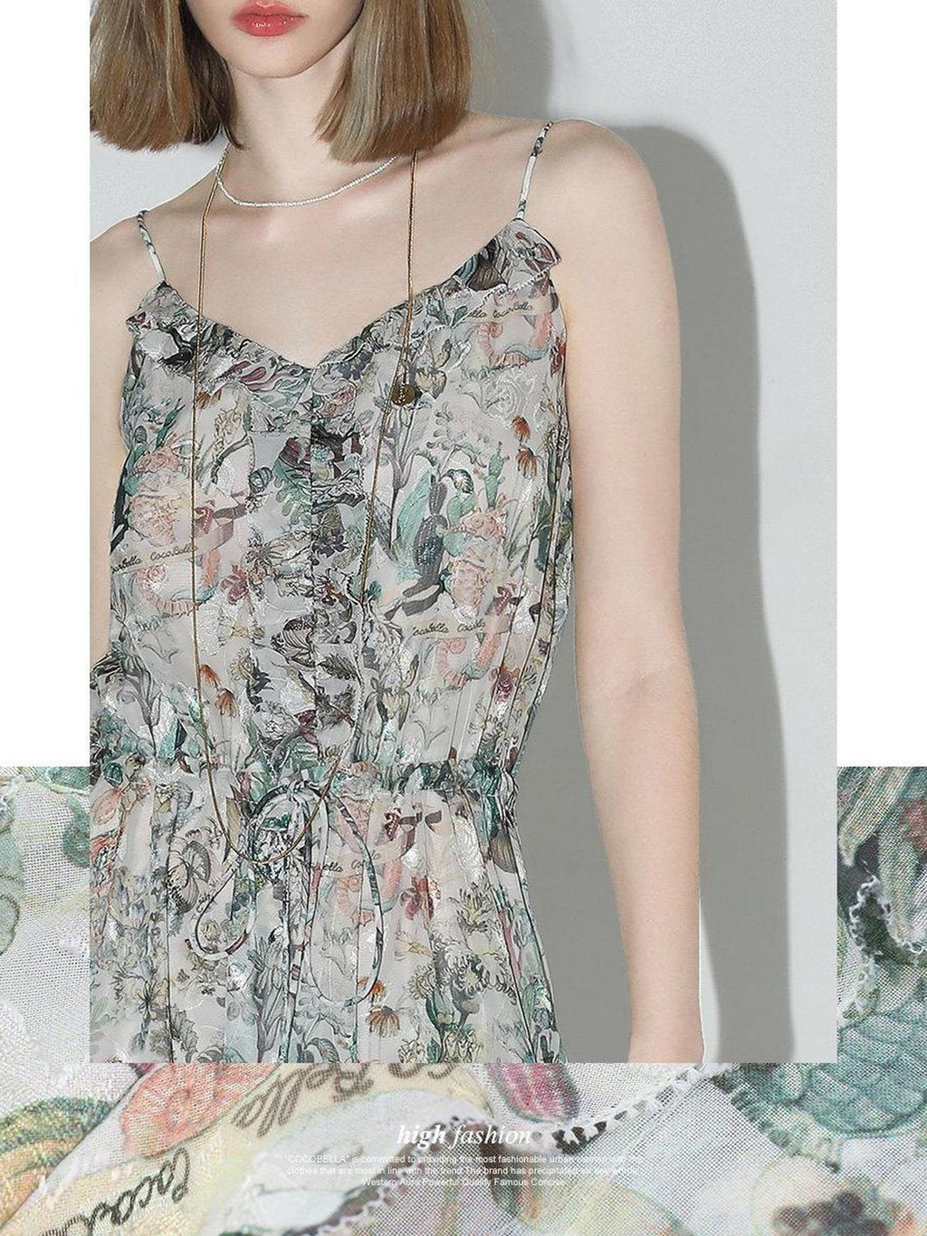 COCOBELLA Floral Ruffle V Neck A Line Spaghetti Adjustable Waist Elegant Women Dresses