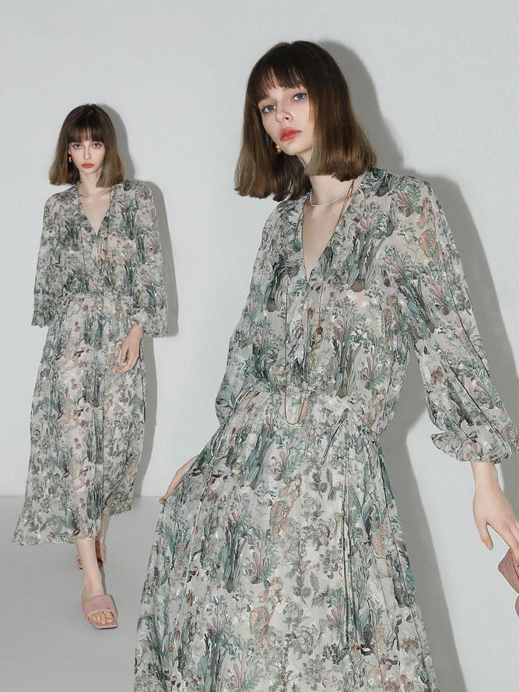 COCOBELLA Floral Ruffle V Neck A Line Spaghetti Adjustable Waist Elegant Women Dresses