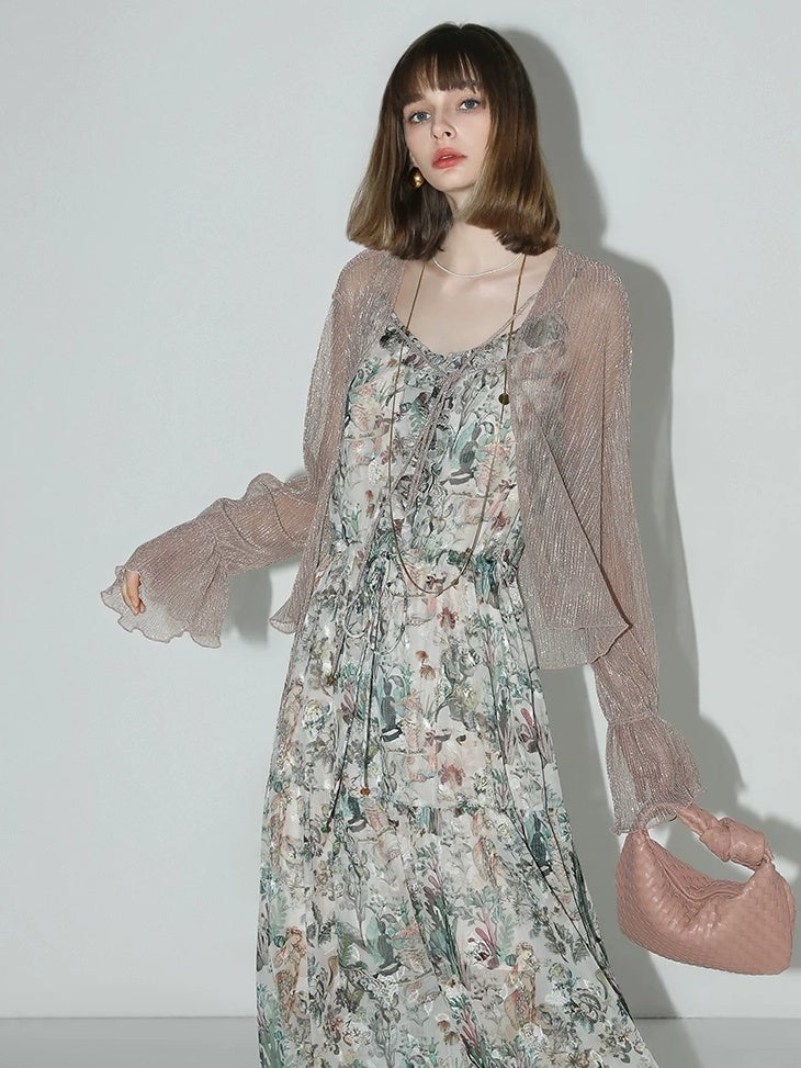 COCOBELLA Floral Ruffle V Neck A Line Spaghetti Adjustable Waist Elegant Women Dresses