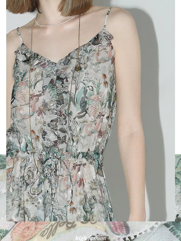 COCOBELLA Floral Ruffle V Neck A Line Spaghetti Adjustable Waist Elegant Women Dresses