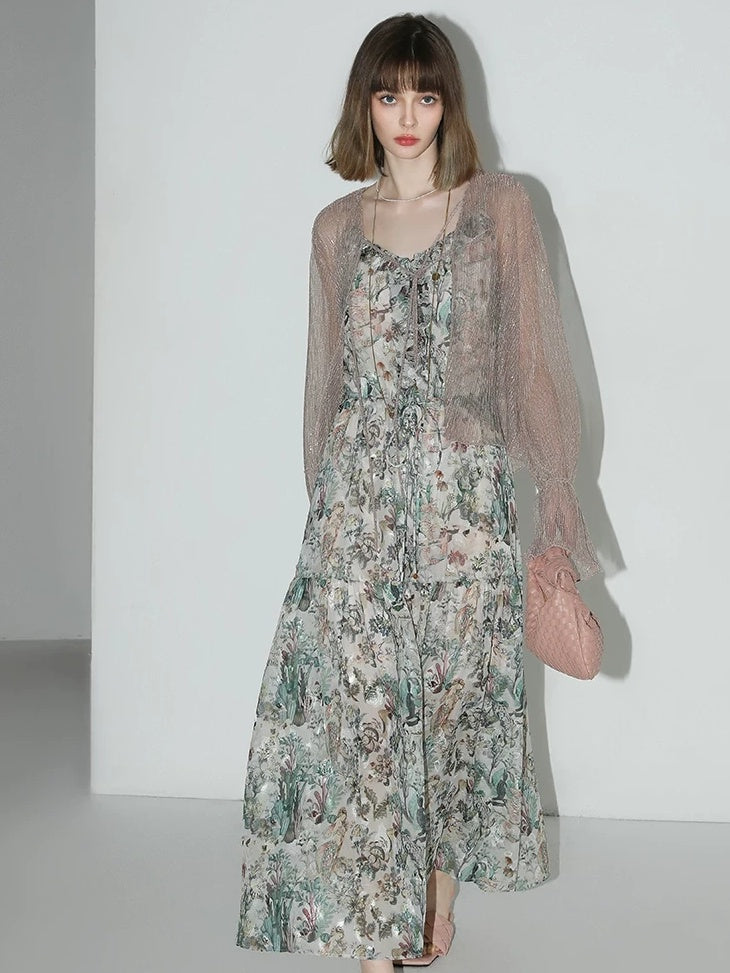 COCOBELLA Floral Ruffle V Neck A Line Spaghetti Adjustable Waist Elegant Women Dresses