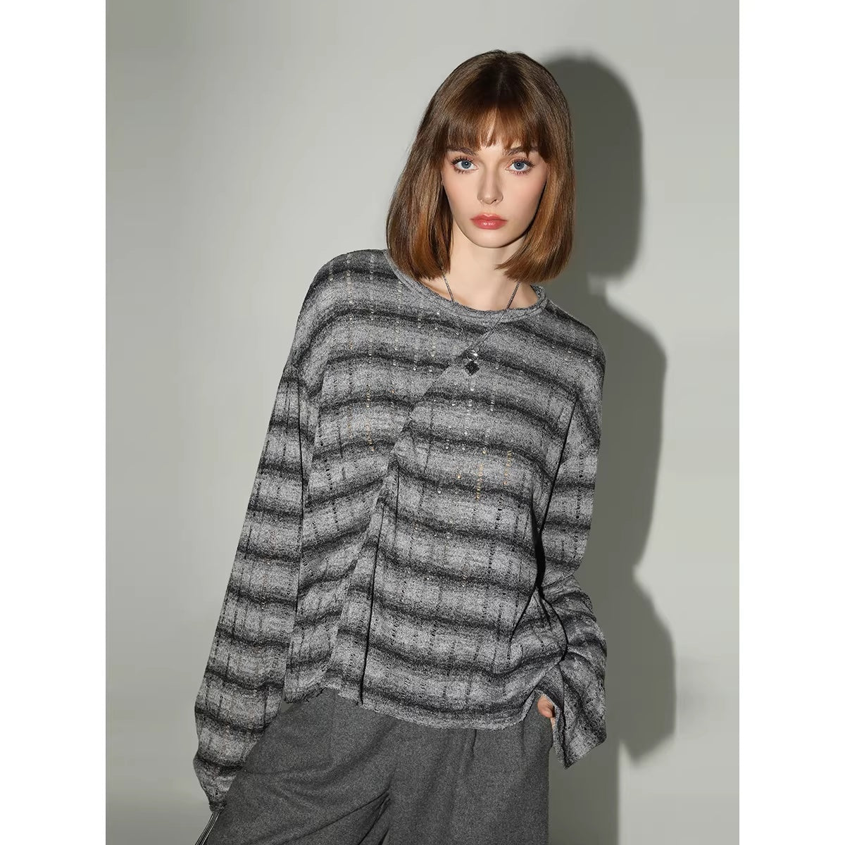 COCOBELLA_Frayed_Jacquard_Loose_Fit_Streetwear_Striped_Long_Sleeve_Crewneck_Shirts_MISSTT