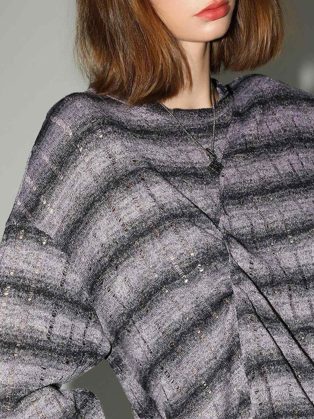 COCOBELLA Frayed Jacquard Loose Fit Streetwear Striped Long Sleeve Crewneck Shirts