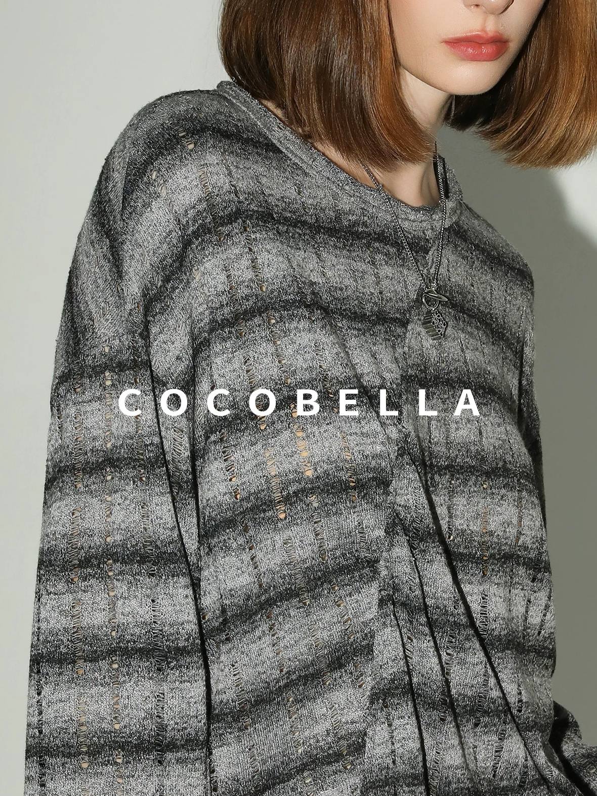 COCOBELLA Frayed Jacquard Loose Fit Streetwear Striped Long Sleeve Crewneck Shirts