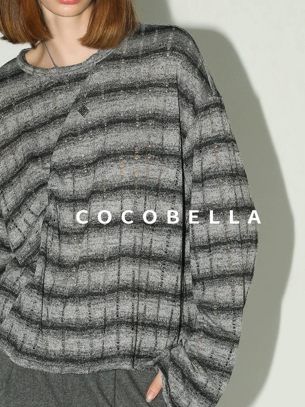 COCOBELLA Frayed Jacquard Loose Fit Streetwear Striped Long Sleeve Crewneck Shirts