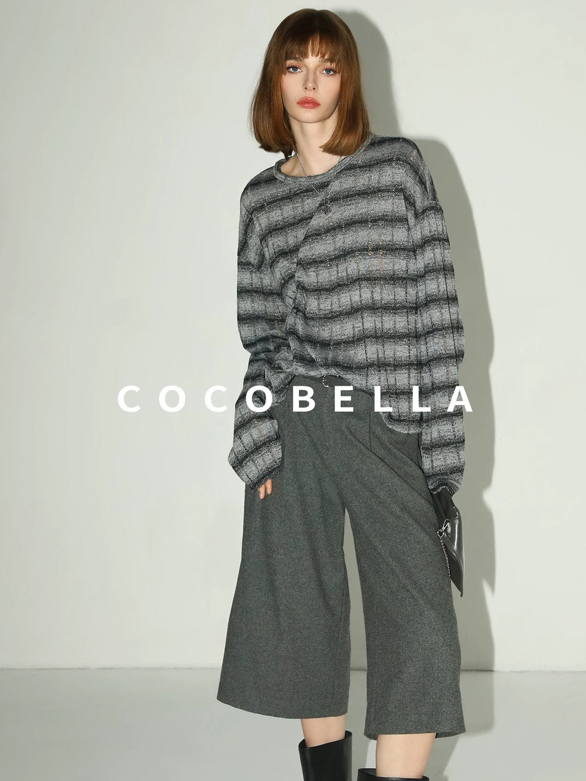 COCOBELLA Frayed Jacquard Loose Fit Streetwear Striped Long Sleeve Crewneck Shirts