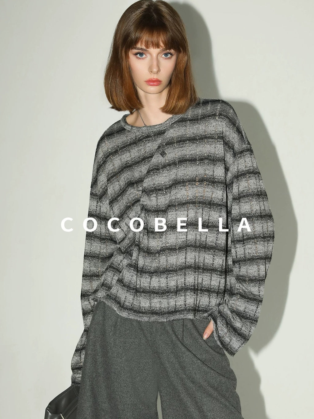 COCOBELLA Frayed Jacquard Loose Fit Streetwear Striped Long Sleeve Crewneck Shirts