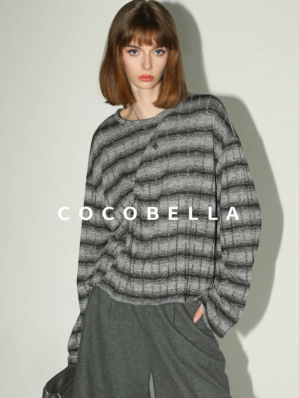 COCOBELLA Frayed Jacquard Loose Fit Streetwear Striped Long Sleeve Crewneck Shirts