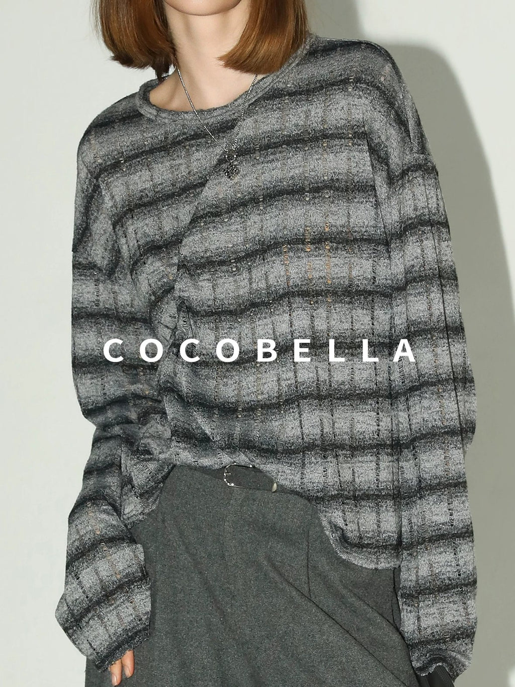 COCOBELLA Frayed Jacquard Loose Fit Streetwear Striped Long Sleeve Crewneck Shirts