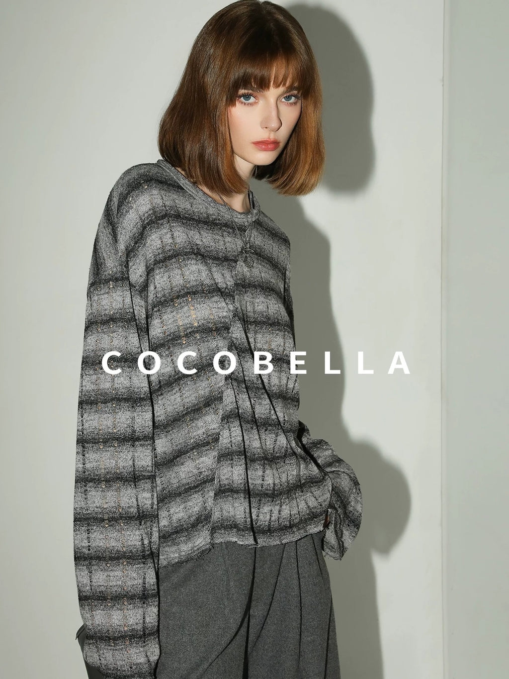 COCOBELLA Frayed Jacquard Loose Fit Streetwear Striped Long Sleeve Crewneck Shirts