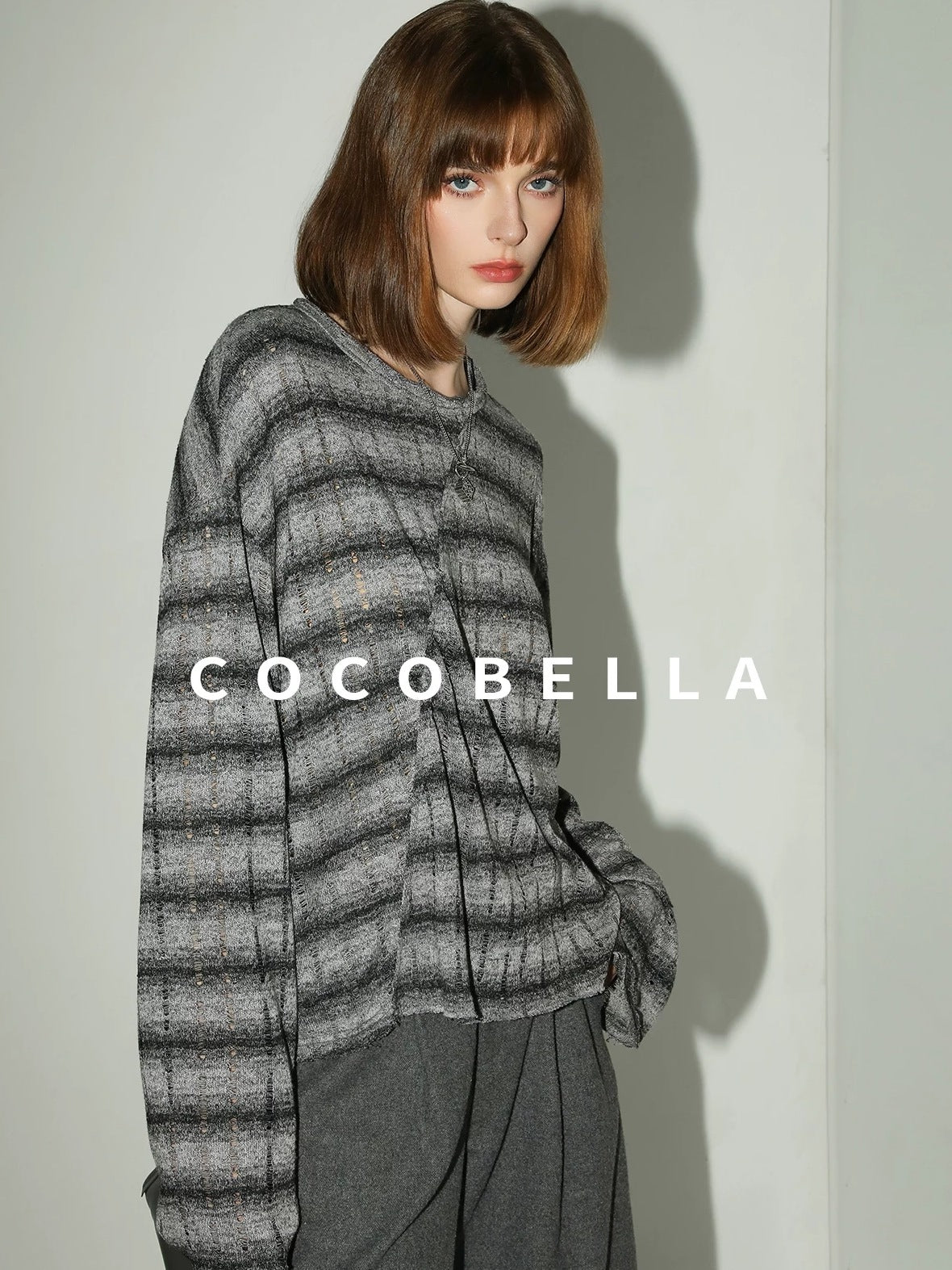 COCOBELLA Frayed Jacquard Loose Fit Streetwear Striped Long Sleeve Crewneck Shirts