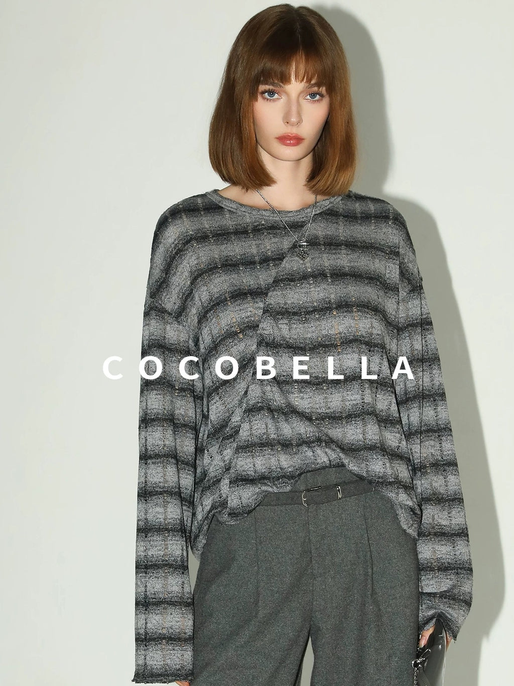COCOBELLA Frayed Jacquard Loose Fit Streetwear Striped Long Sleeve Crewneck Shirts