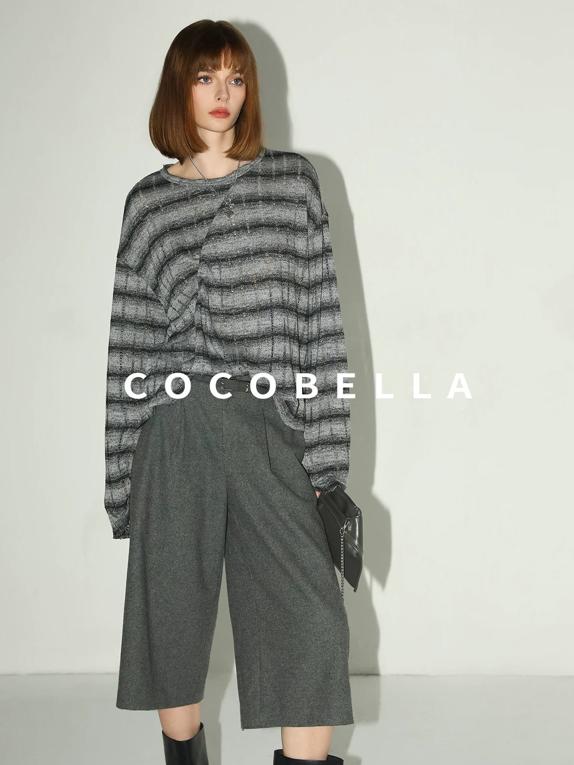 COCOBELLA Frayed Jacquard Loose Fit Streetwear Striped Long Sleeve Crewneck Shirts