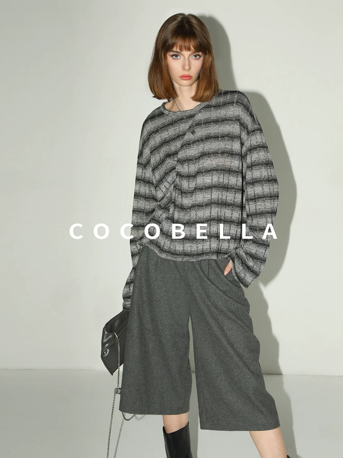 COCOBELLA Frayed Jacquard Loose Fit Streetwear Striped Long Sleeve Crewneck Shirts