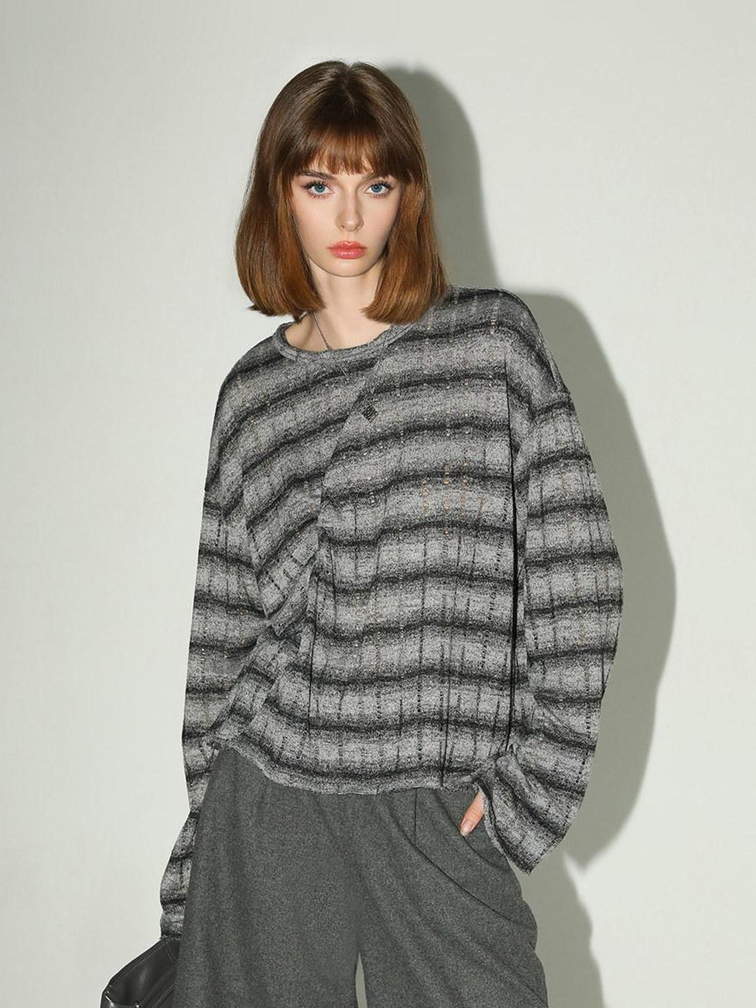 COCOBELLA Frayed Jacquard Loose Fit Streetwear Striped Long Sleeve Crewneck Shirts