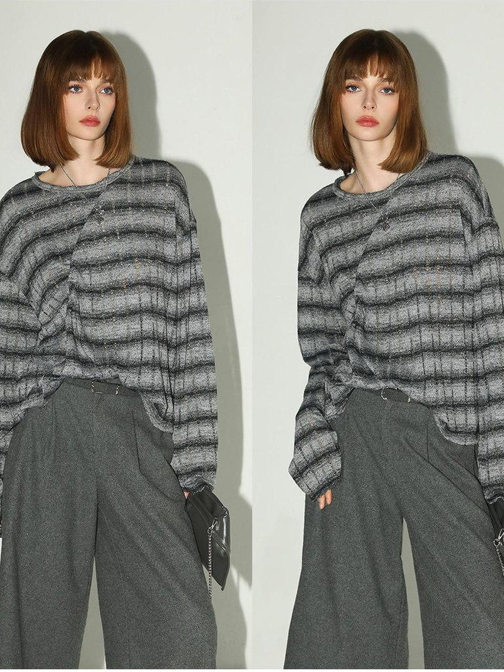 COCOBELLA Frayed Jacquard Loose Fit Streetwear Striped Long Sleeve Crewneck Shirts