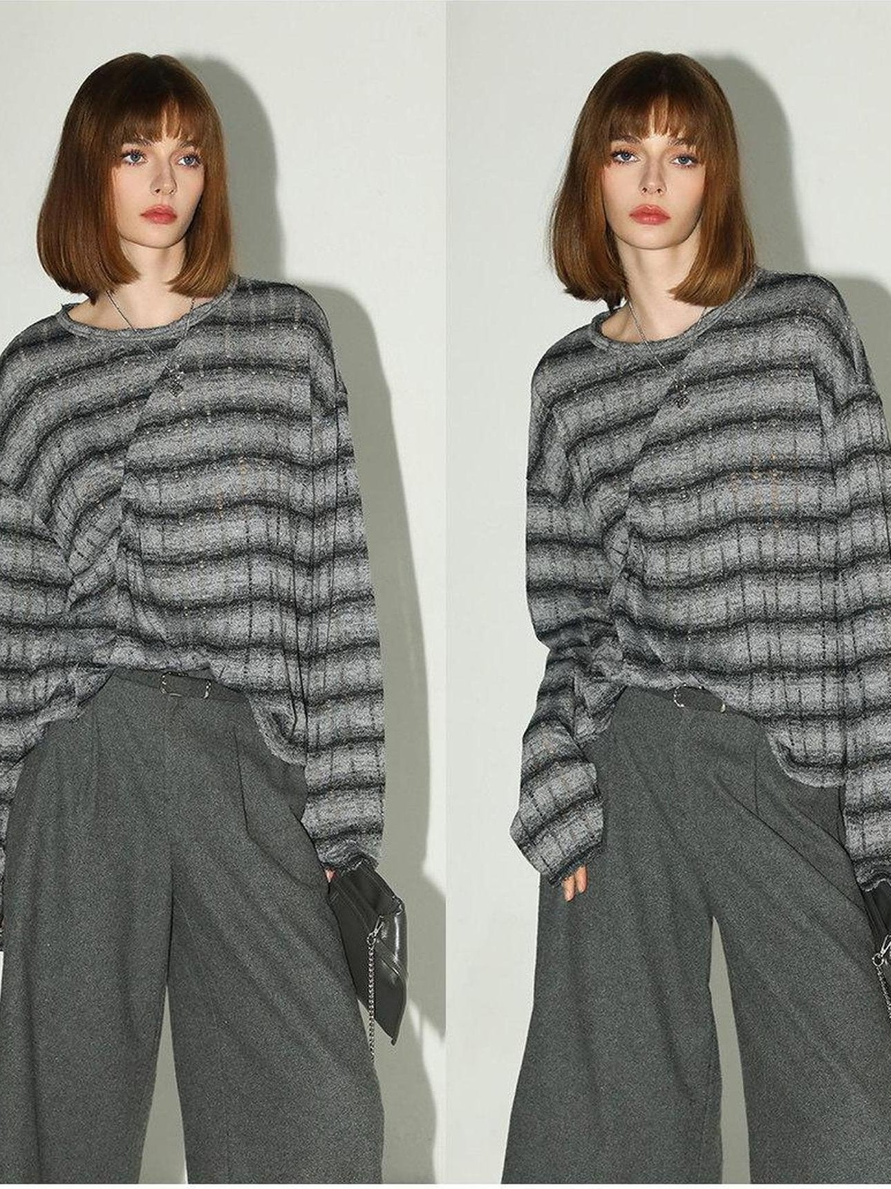 COCOBELLA Frayed Jacquard Loose Fit Streetwear Striped Long Sleeve Crewneck Shirts