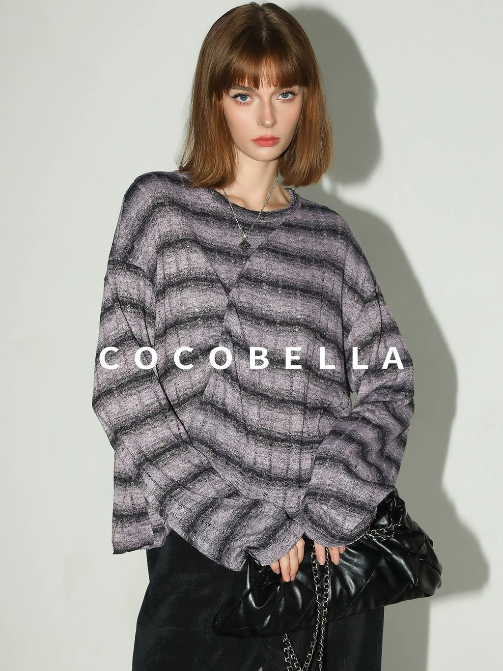 COCOBELLA Frayed Jacquard Loose Fit Streetwear Striped Long Sleeve Crewneck Shirts